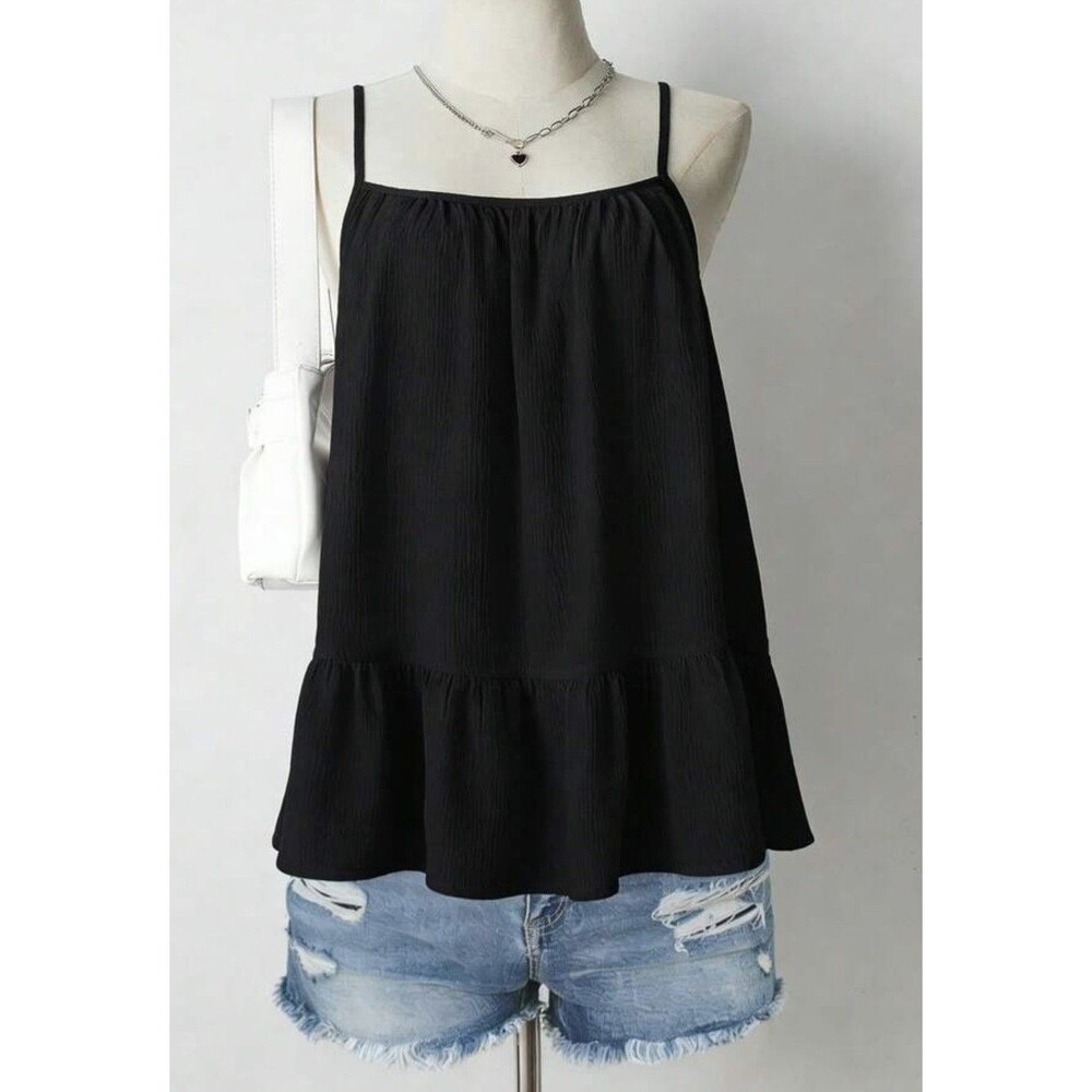 SHEIN Womens XXL Black Ruffle Hem Cami Blouse Top Adjustable Straps NWOTs Flowy
